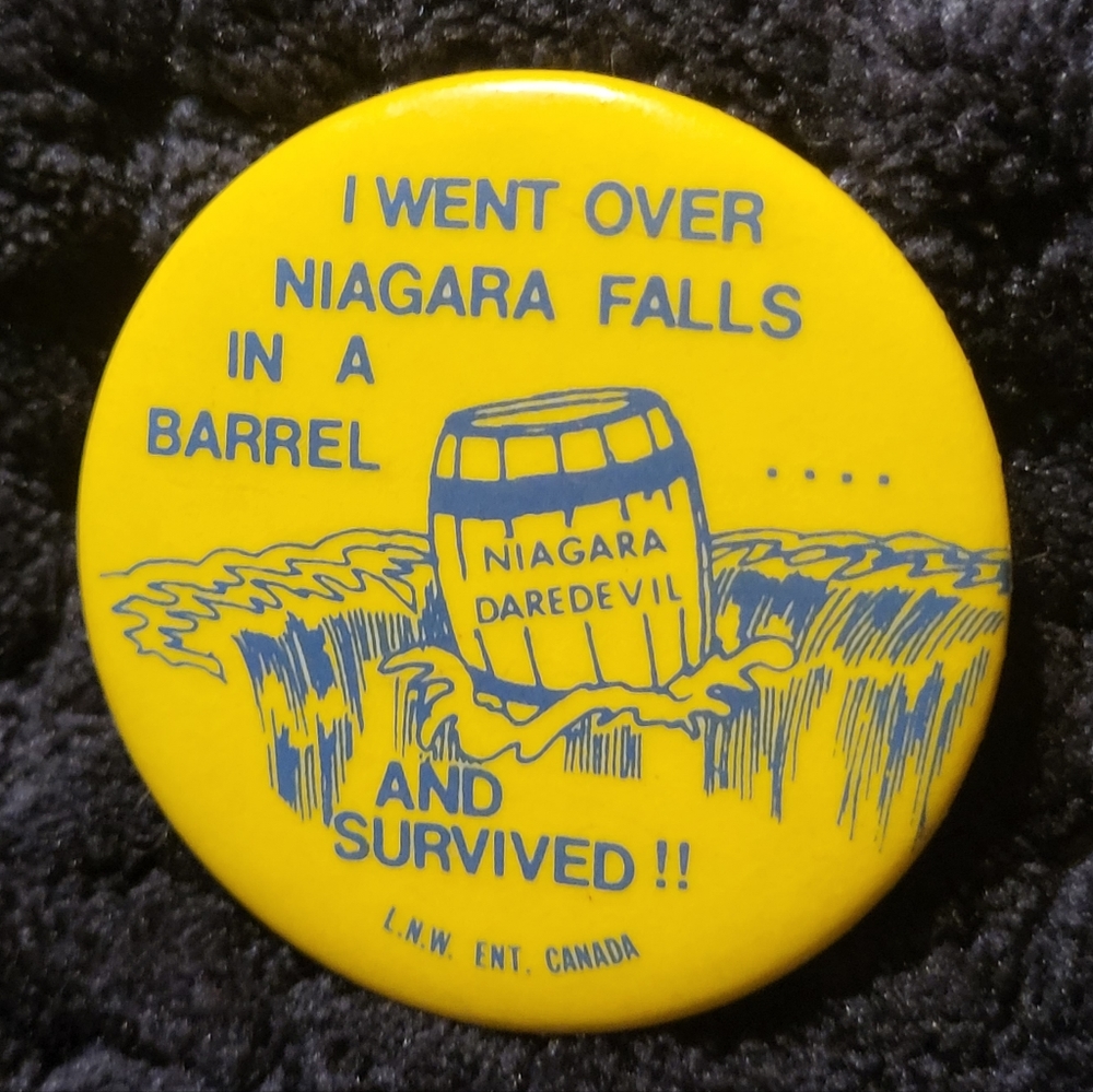 Vintage NIAGRA FALLS DAREDEVIL pinback button Over in a Barrel